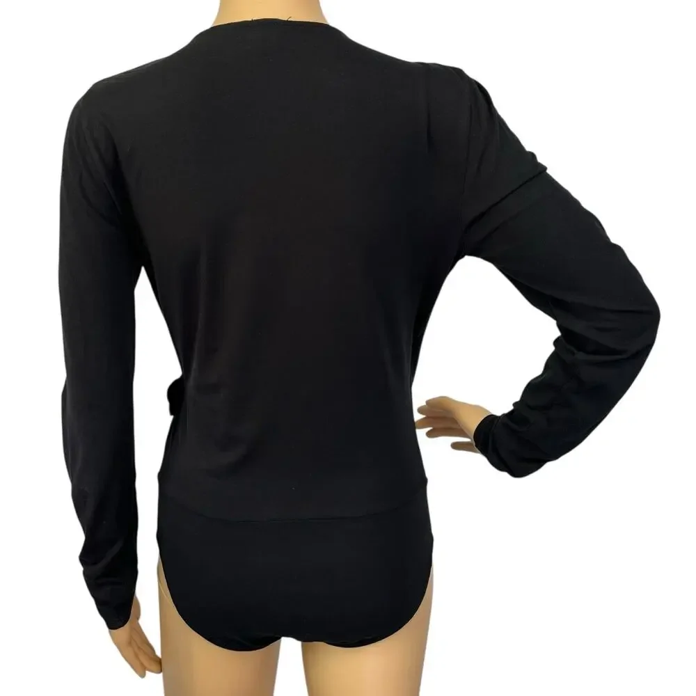 J. Crew Ruffle-Front Wrap Bodysuit Black H3685 Size S